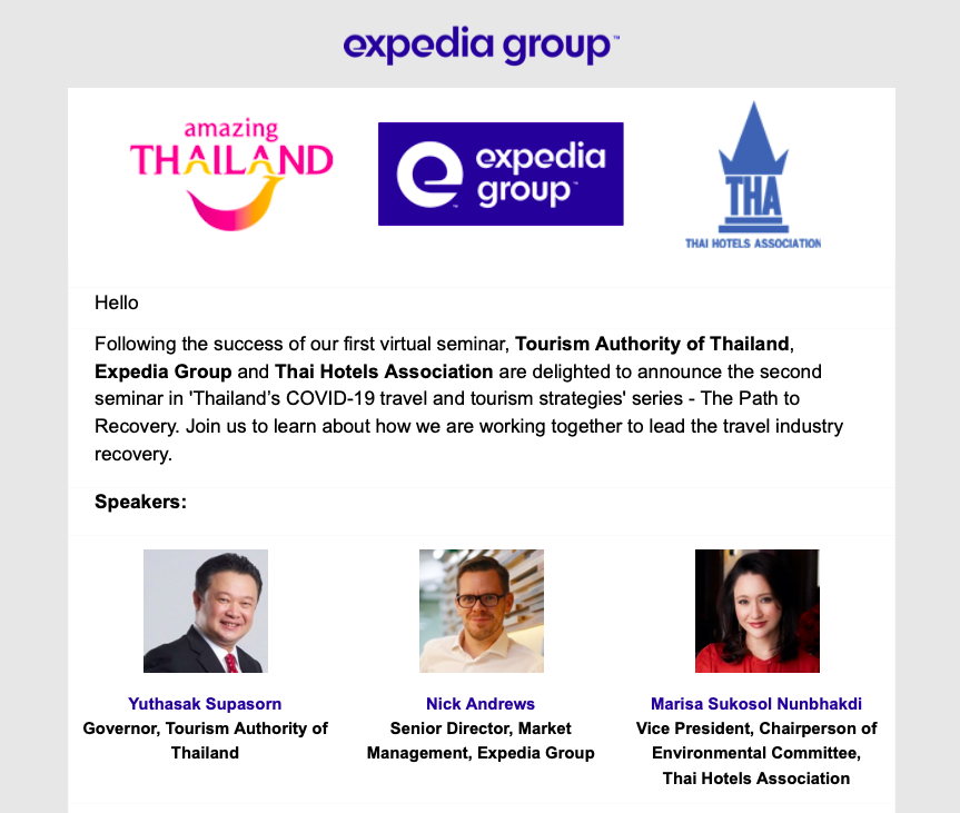 TAT, Expedia Group & THA 2nd Virtual Seminar: Thailand’s COVID-19 travel and tourism strategies' series - The Path to Recovery